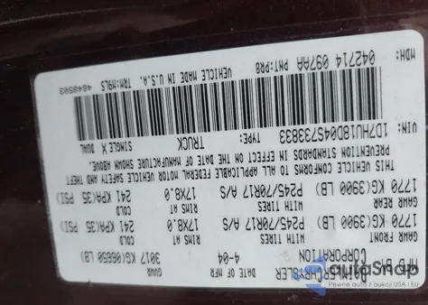 2004 Dodge Ram 1500 Slt/Laramie z USA, uszkodzony, nr VIN 1D7HU18D04S733833